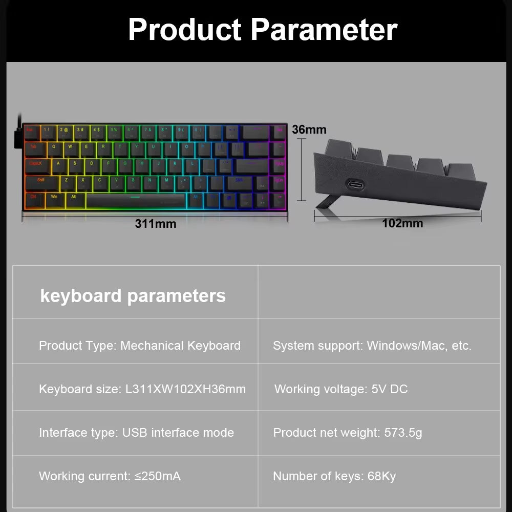 Z686 RGB USB 60% Mini Slim Mechanical Gaming Wired Keyboard Red Switch 68 Keys Russian Brazilian Portuguese for Compute