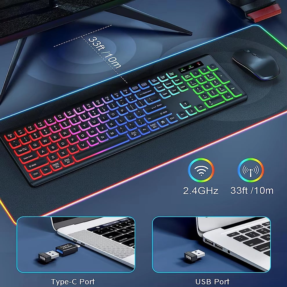 2.4G Wireless Keyboard Mouse Combo RGB Backlit Rechargeable Full-Size Ergonomic Type-C Wireless Keyboard Mouse Set