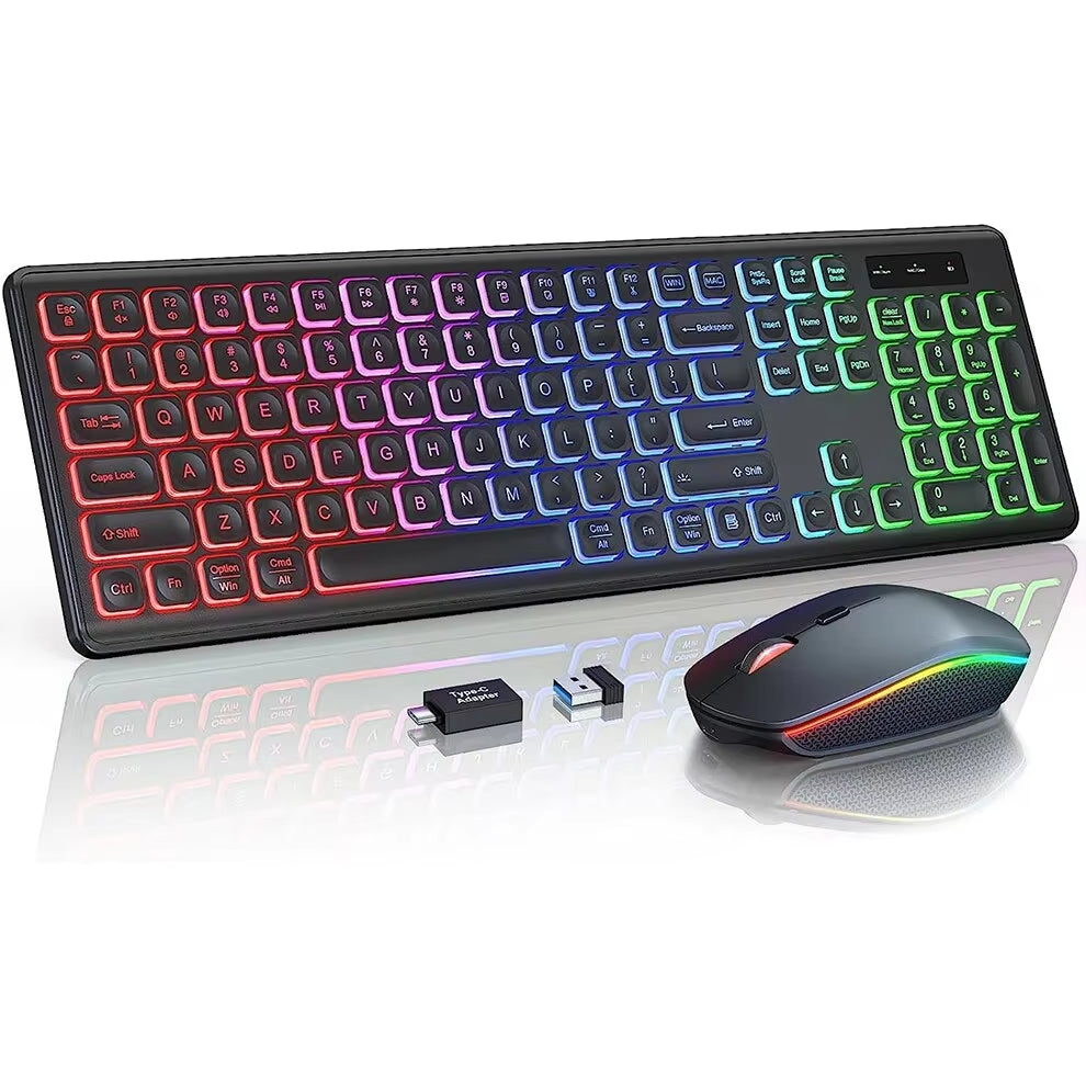 2.4G Wireless Keyboard Mouse Combo RGB Backlit Rechargeable Full-Size Ergonomic Type-C Wireless Keyboard Mouse Set