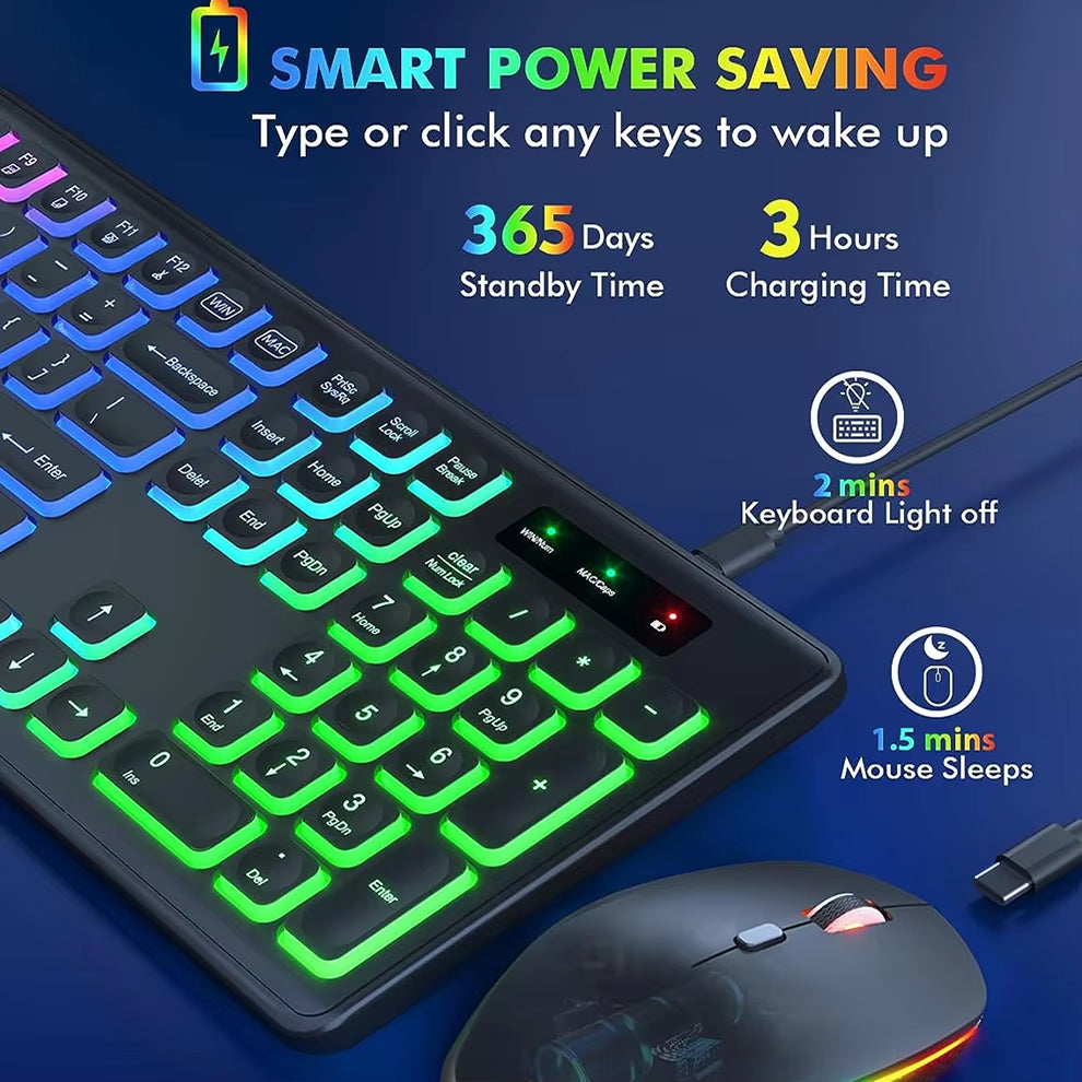 2.4G Wireless Keyboard Mouse Combo RGB Backlit Rechargeable Full-Size Ergonomic Type-C Wireless Keyboard Mouse Set