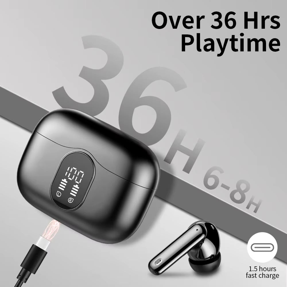 Wireless Earbuds with Bluetooth 5.3, In-Ear Headphones Featuring 4 ENC Mics and 36 Hours of use, LED Display Included.