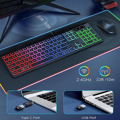 2.4G Wireless Keyboard Mouse Combo RGB Backlit Rechargeable Full-Size Ergonomic Type-C Wireless Keyboard Mouse Set