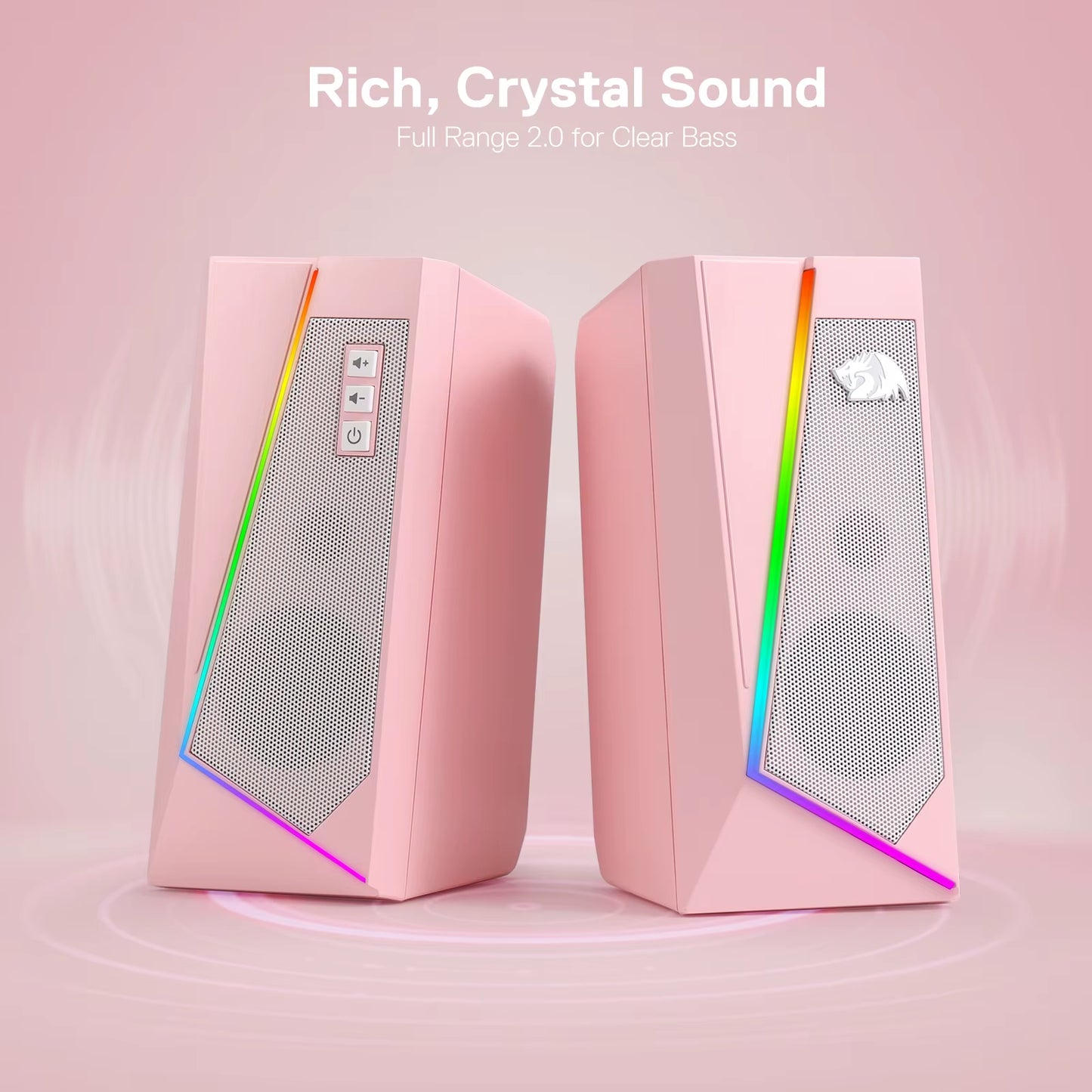 GS520 RGB Desktop Speakers, 2.0 Channel PC Stereo Speaker with 6 Colorful LED Modes, Enhanced Sound, White/Pink